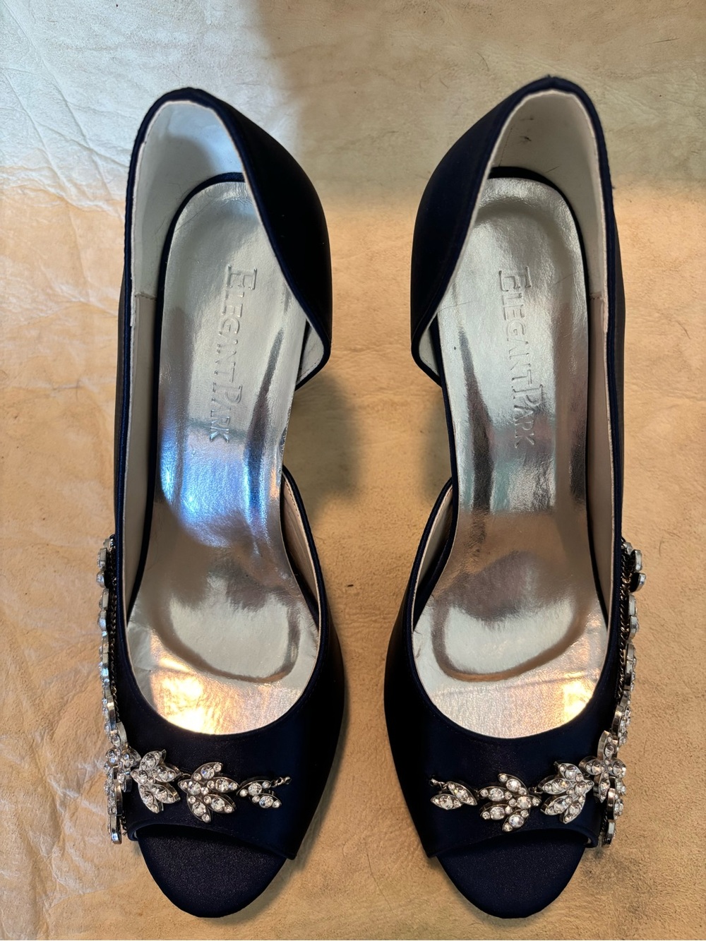 Elegant Navy Satin Peep-Toe Heels with Crystal Detail